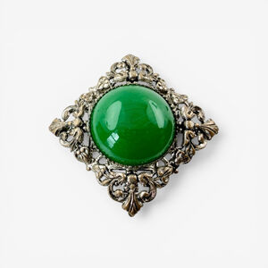 Vintage Uranium Glass Brooch Large Green Cabochon Czech Filigree Silver Tone Glo